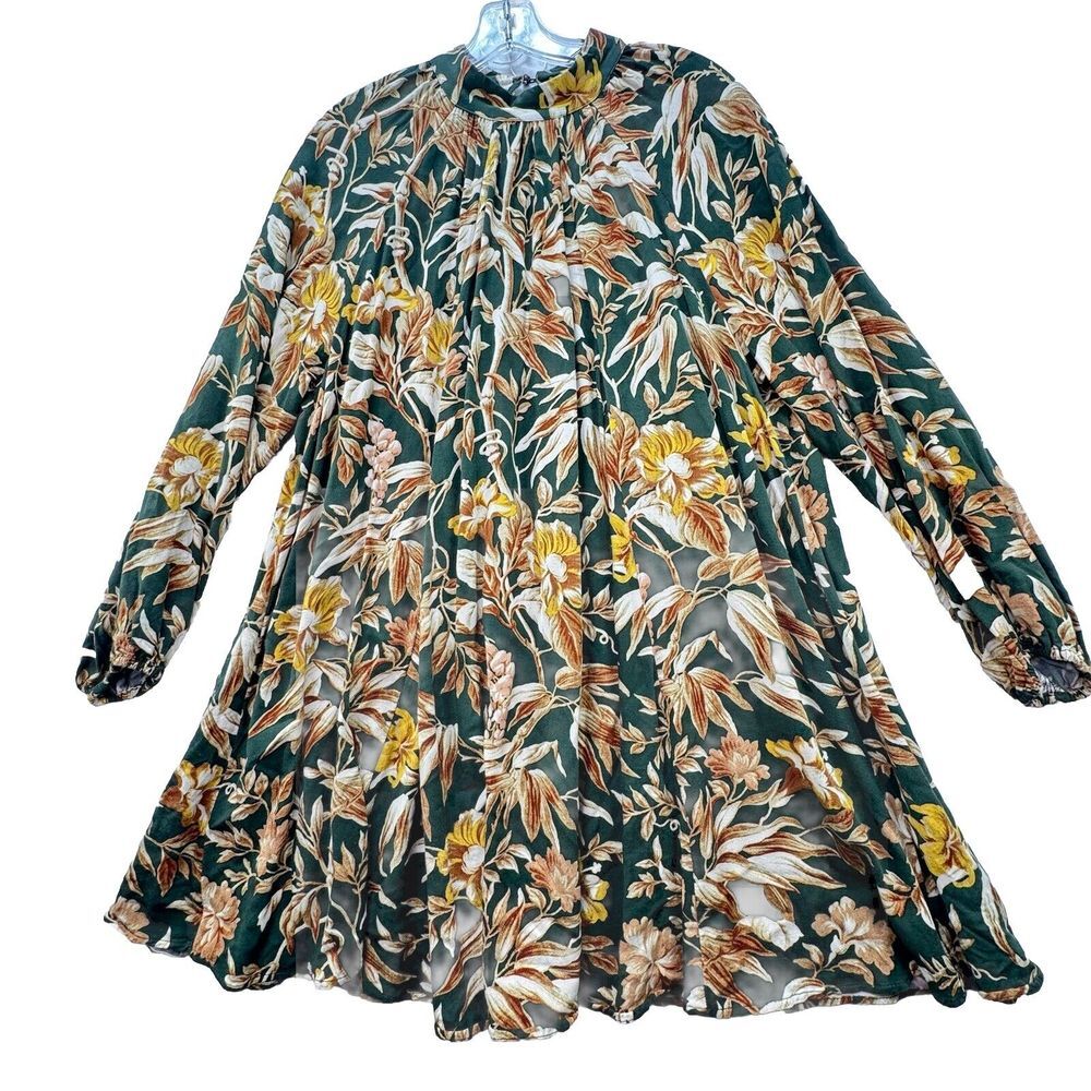 H&M Tropical Floral Shift Dress Womens 6 Green Mini Mock Neck Long Sleeve